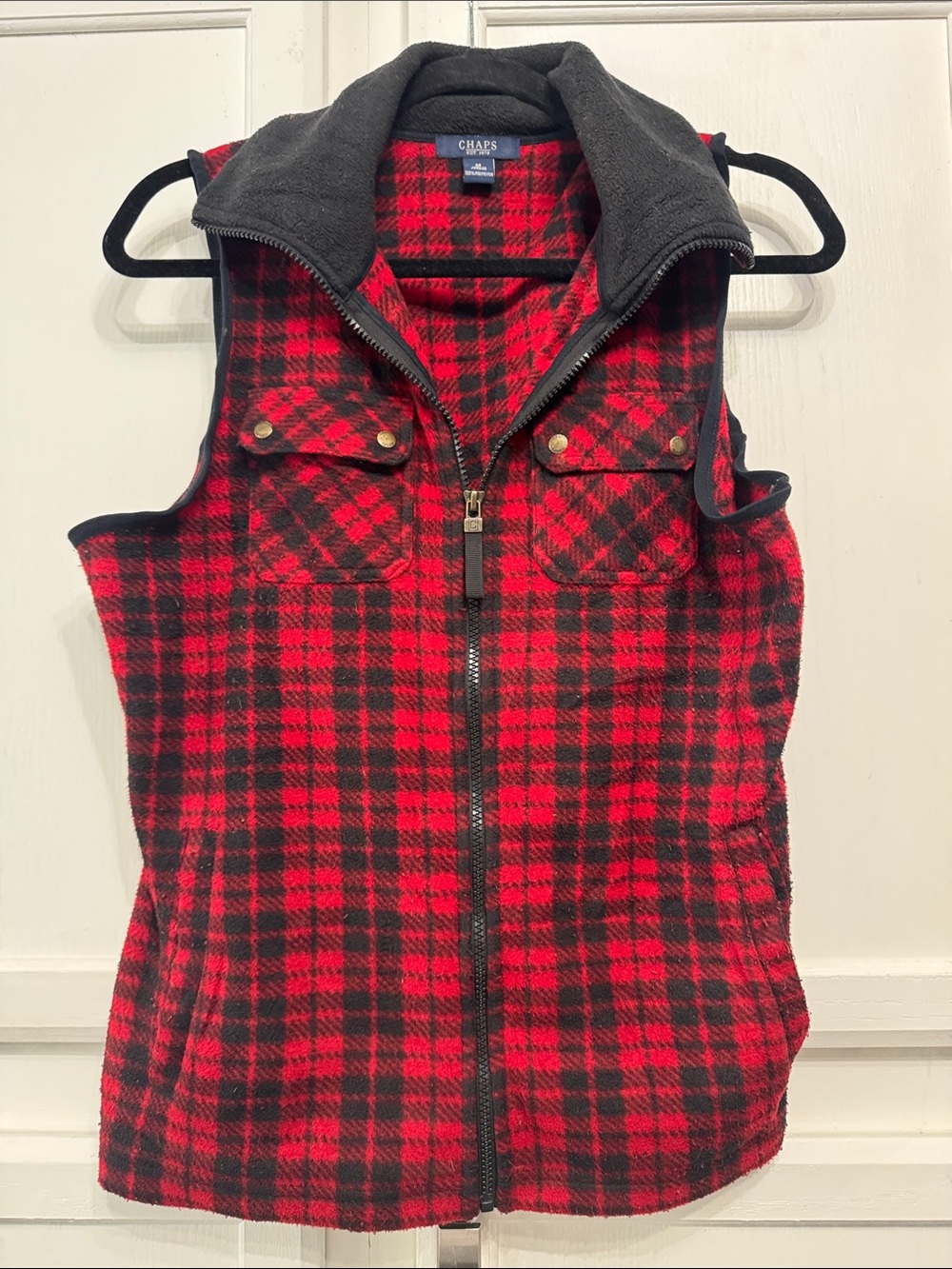Chaps Red and Black Plaid Fleece Vest